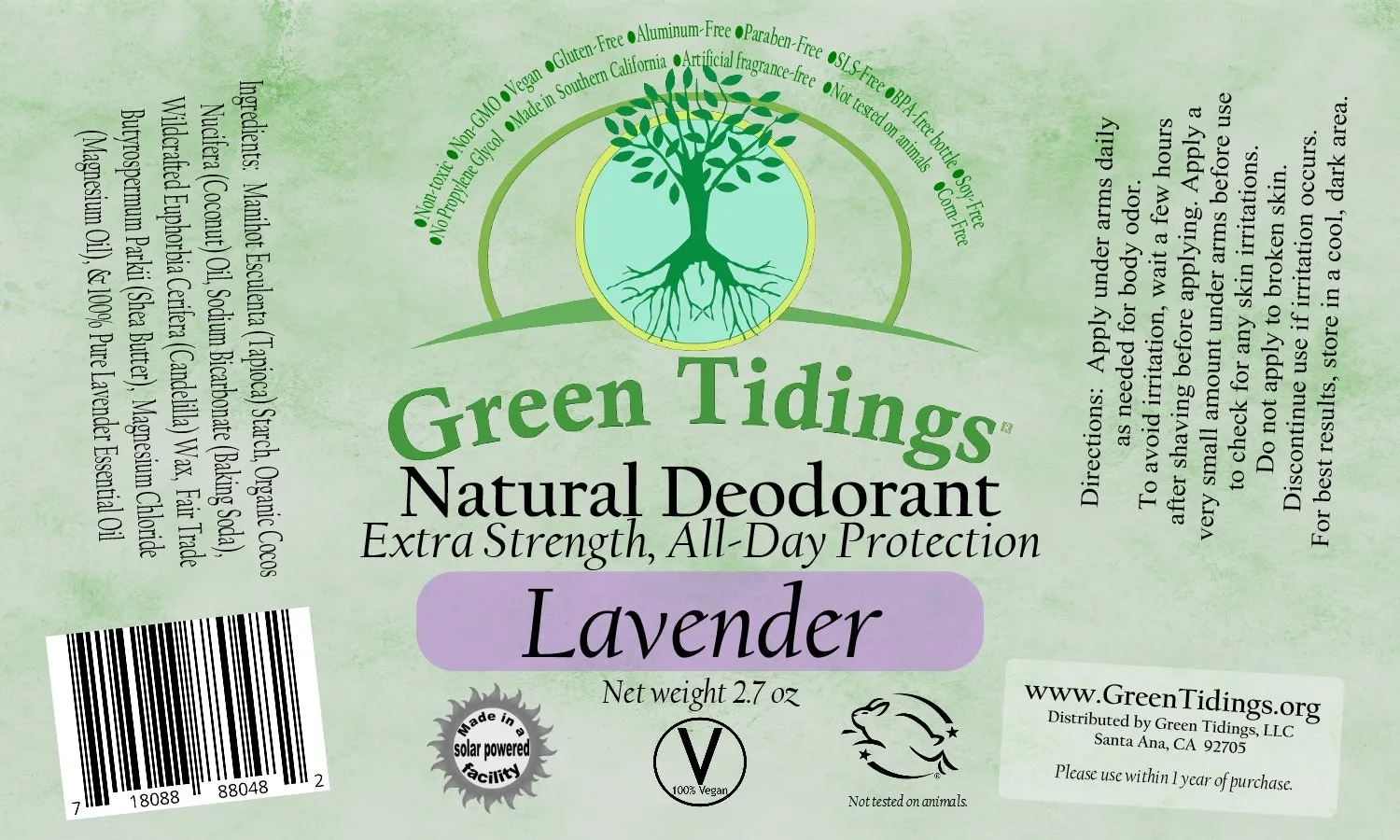 Green Tidings All Natural Deodorant- Lavender, 2.7 Ounces 3 PACK