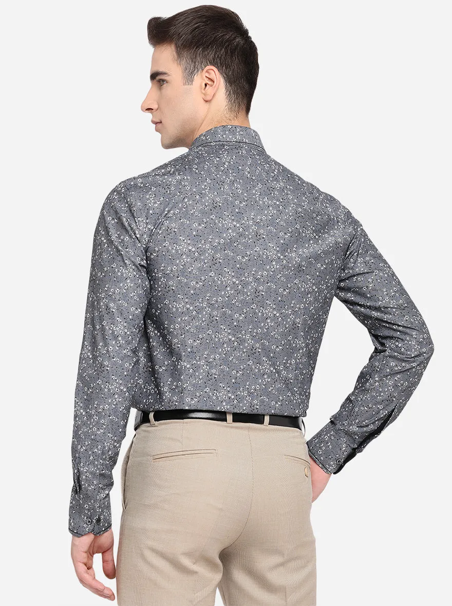 Grey & White Printed Slim Fit Party Wear Shirt | JB Studio