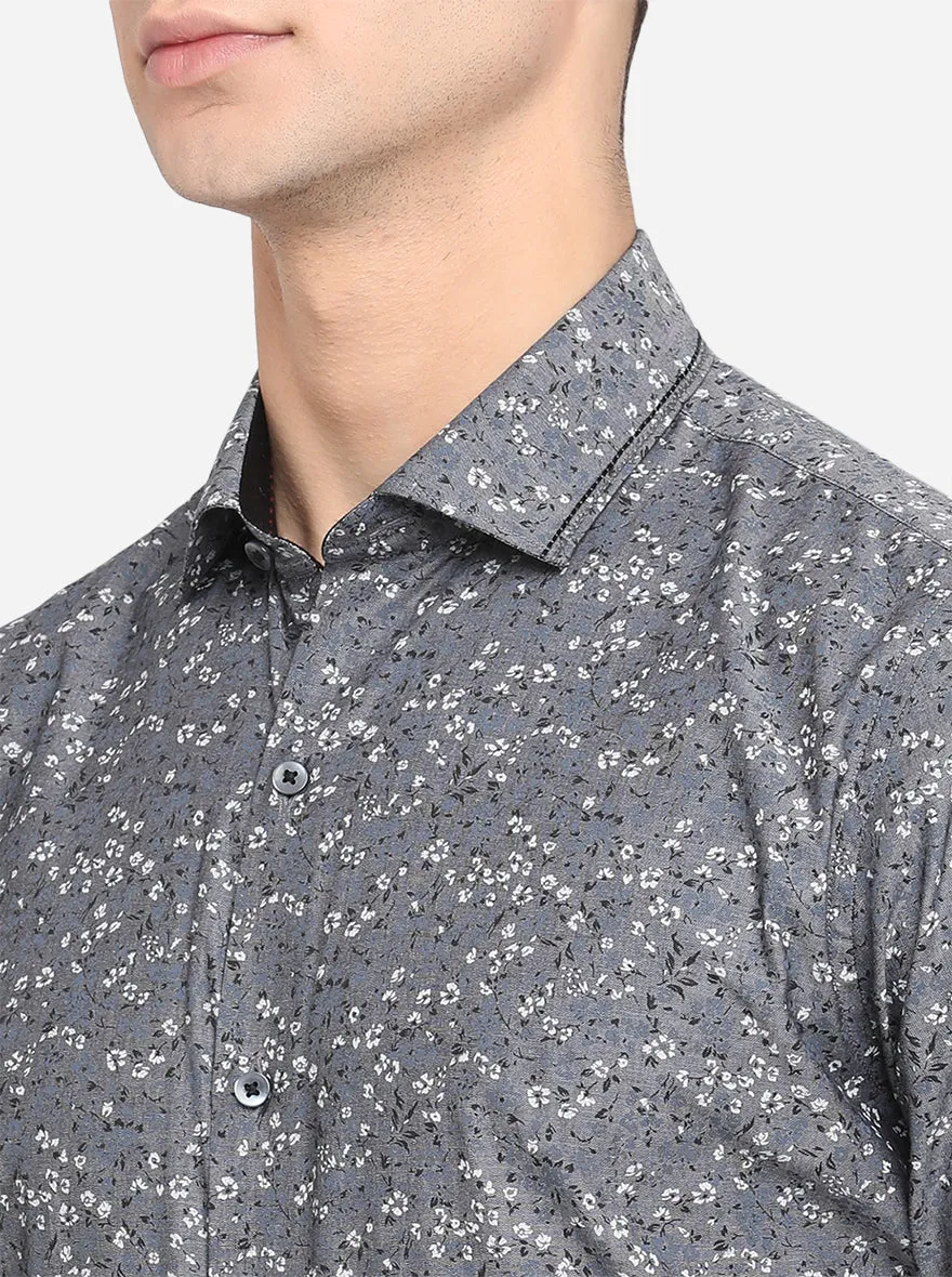 Grey & White Printed Slim Fit Party Wear Shirt | JB Studio