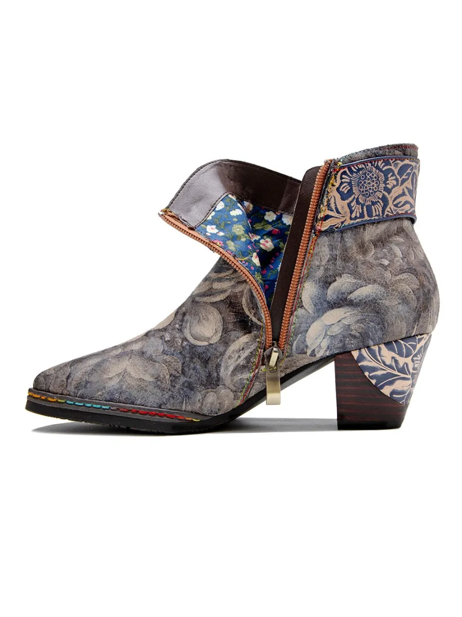 Grey Floral Buckle Leather Moto Ankle Boots