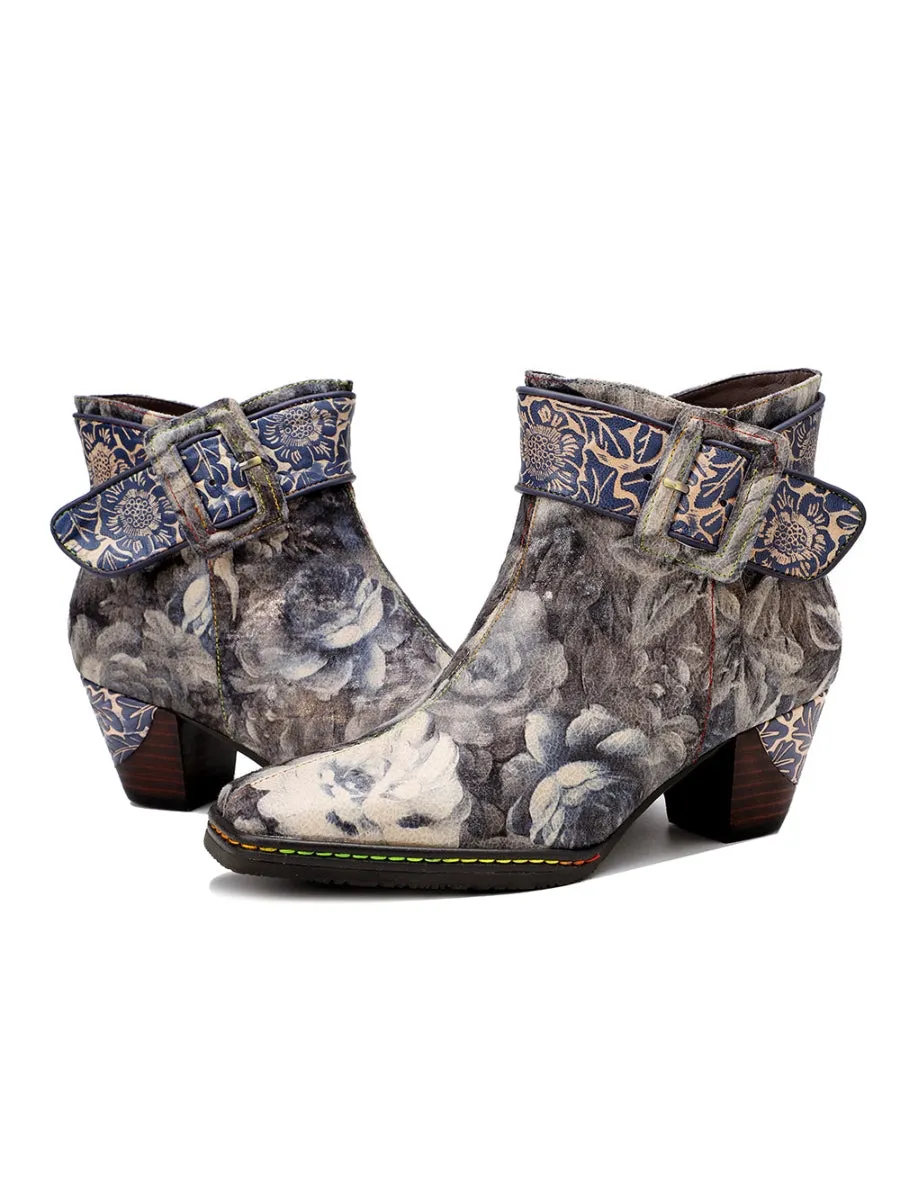 Grey Floral Buckle Leather Moto Ankle Boots