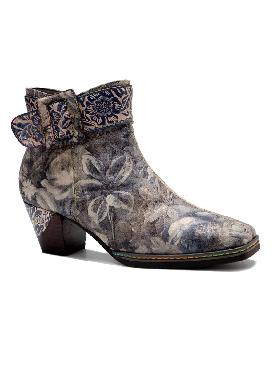 Grey Floral Buckle Leather Moto Ankle Boots