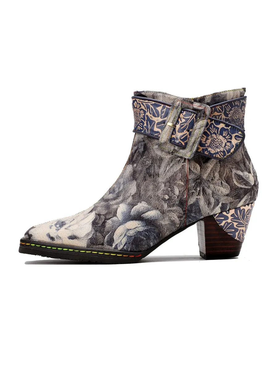 Grey Floral Buckle Leather Moto Ankle Boots