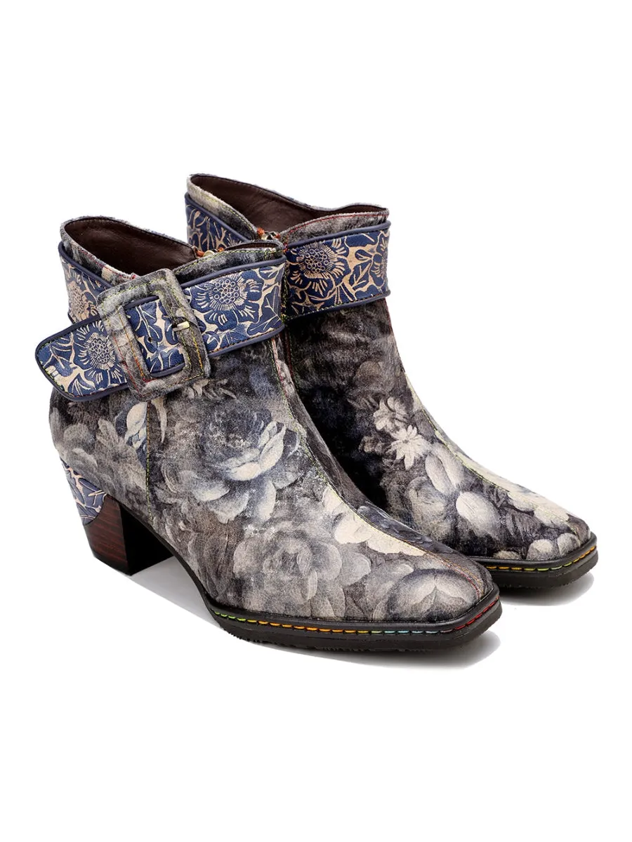 Grey Floral Buckle Leather Moto Ankle Boots