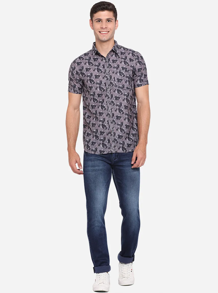 Gun Metal Printed Slim Fit Semi Casual Shirt | JadeBlue