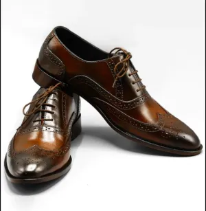 Handmade Brown Shaded Leather Wingtip Brogue Dress Shoes