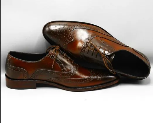 Handmade Brown Shaded Leather Wingtip Brogue Dress Shoes