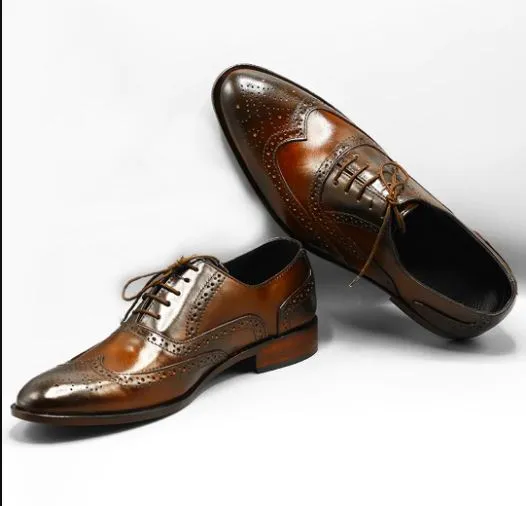 Handmade Brown Shaded Leather Wingtip Brogue Dress Shoes