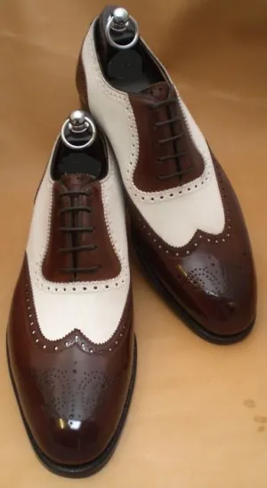 Handmade Dark Brown and White Brogue Shoes for Men
