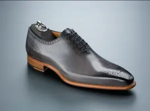 Handmade Gray Leather Oxford Brogue Shoes for Men