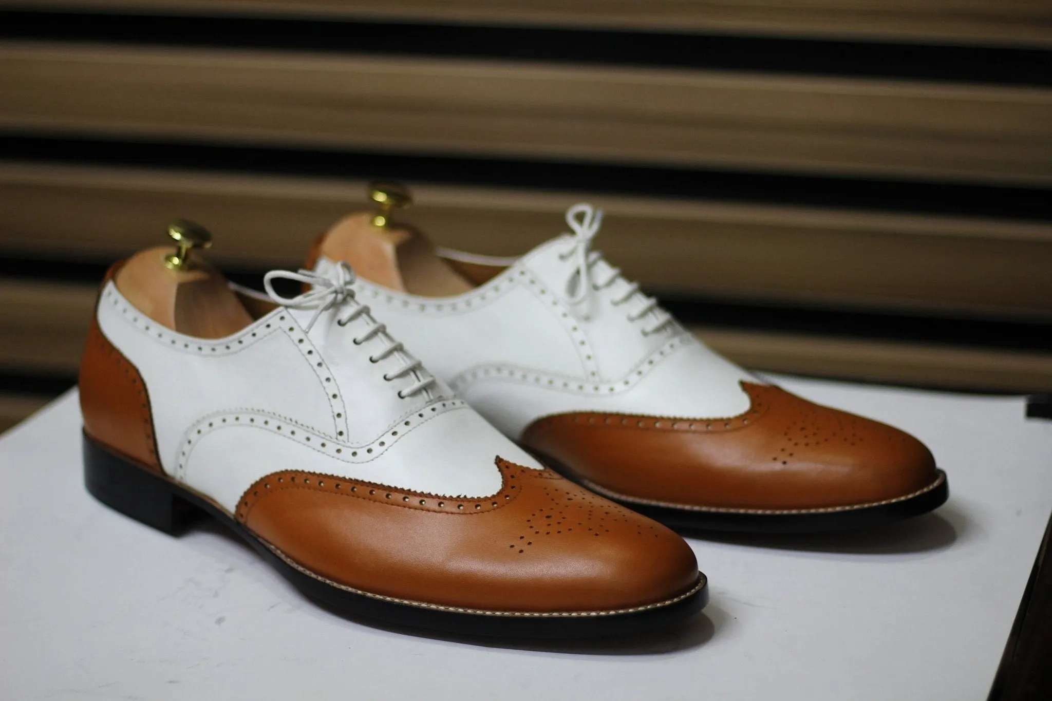 Handmade Wing Tip Brogue Brown & White Goodyear Welted Lace Up Shoes For Men's