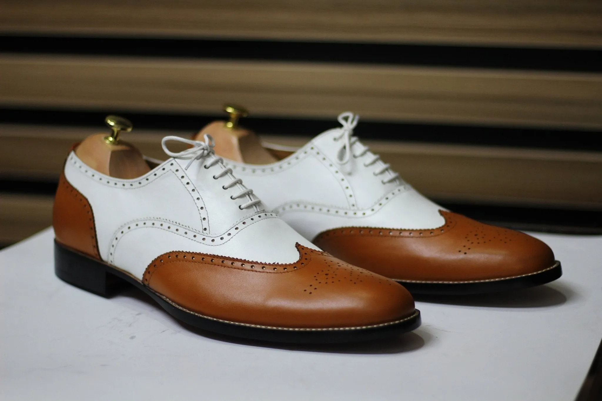 Handmade Wing Tip Brogue Brown & White Goodyear Welted Lace Up Shoes For Men's