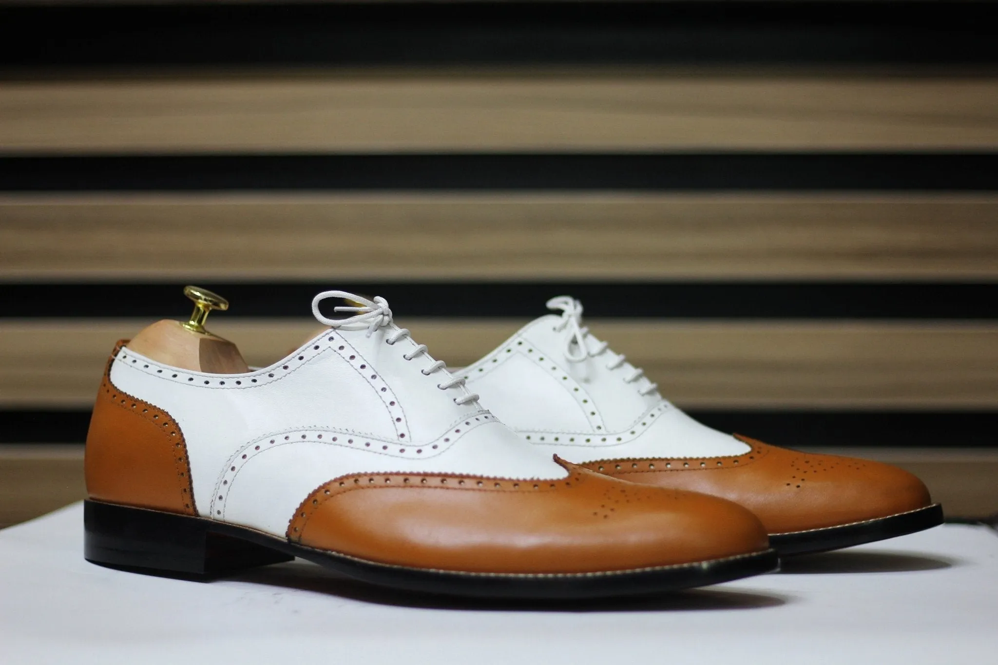Handmade Wing Tip Brogue Brown & White Goodyear Welted Lace Up Shoes For Men's