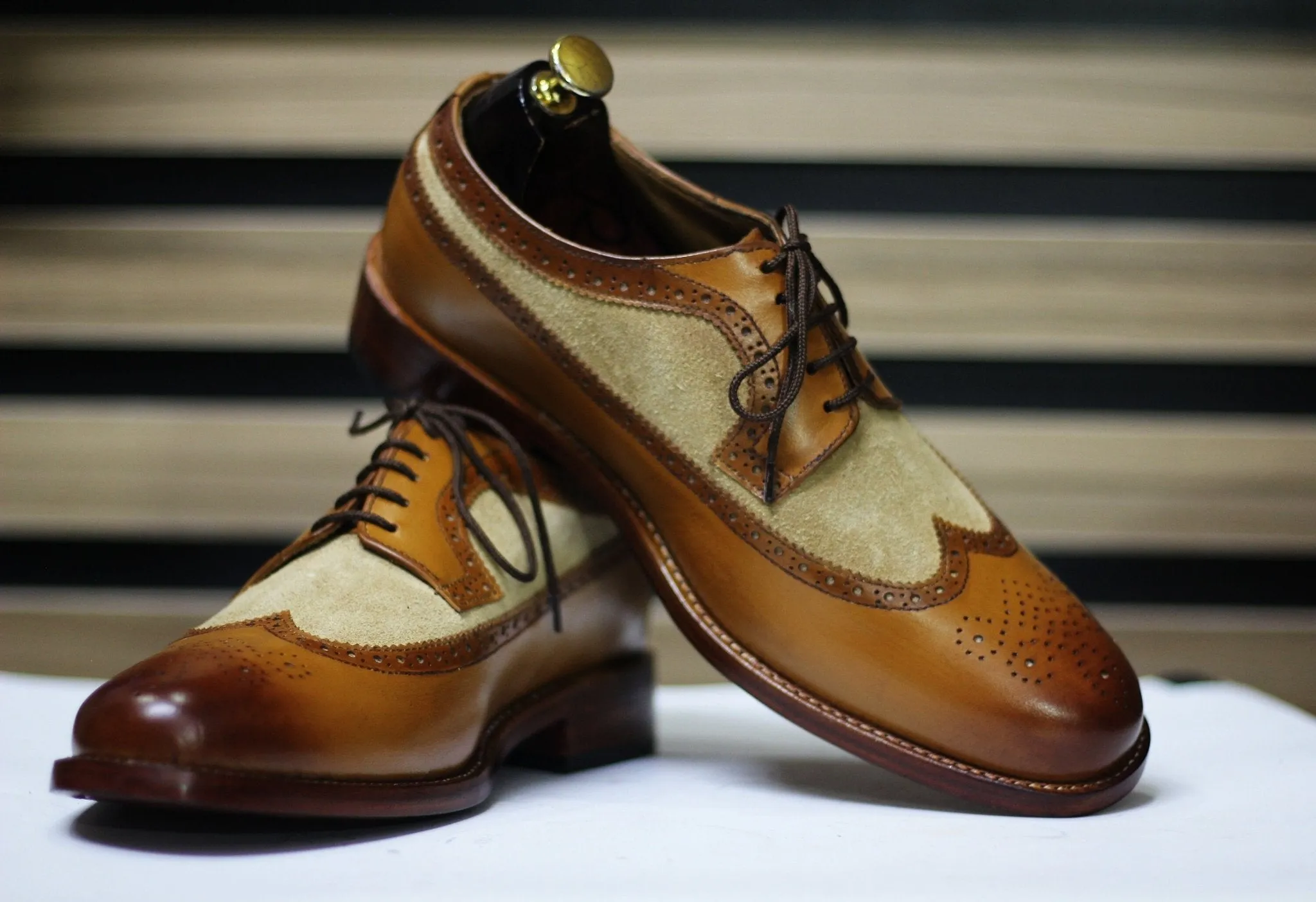 Handmade Wing Tip Brogue Oxford Two Tone Leather & Suede Shoes, Brown Shoes For Men's