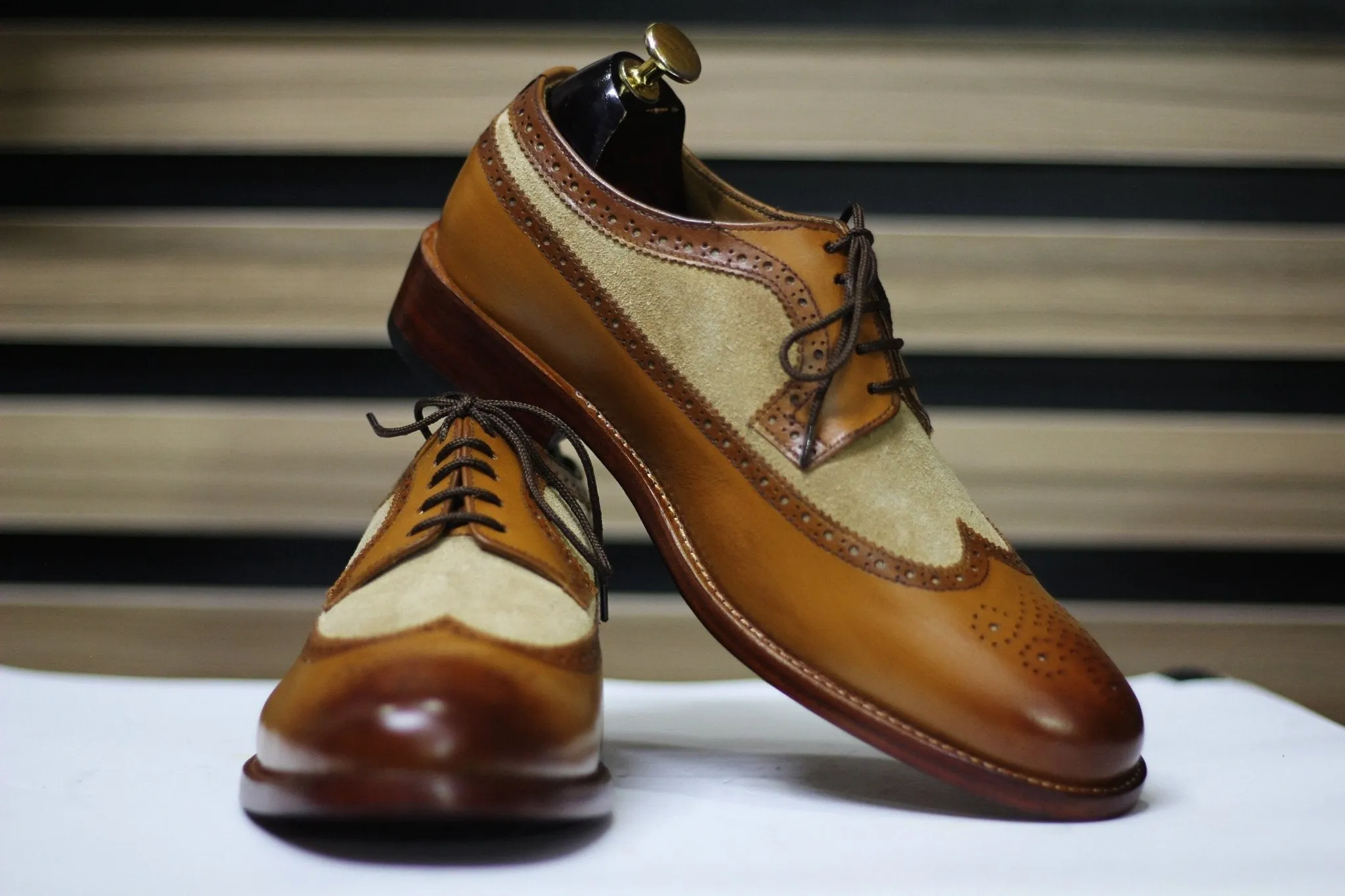 Handmade Wing Tip Brogue Oxford Two Tone Leather & Suede Shoes, Brown Shoes For Men's