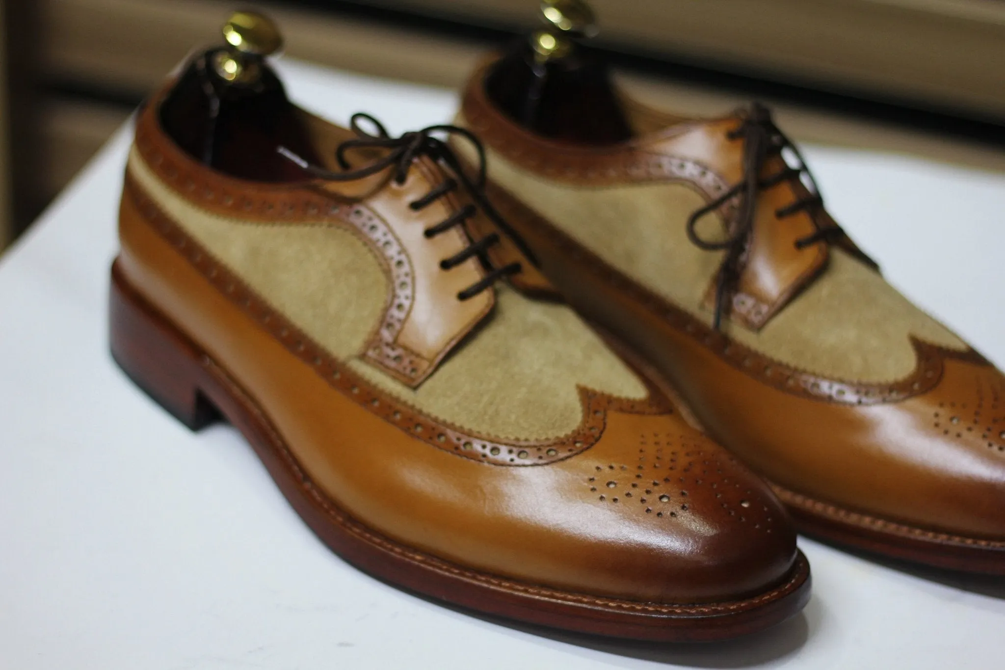 Handmade Wing Tip Brogue Oxford Two Tone Leather & Suede Shoes, Brown Shoes For Men's