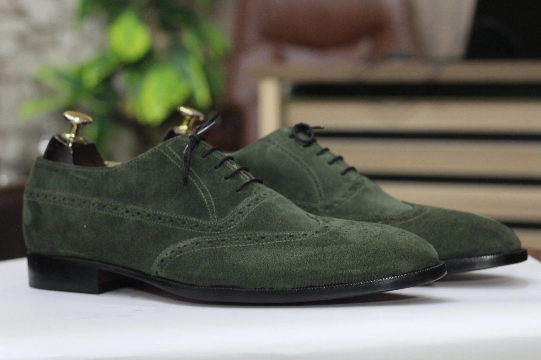 Handmade Wing Tip Shoes, Leather Green Shoes For Men's