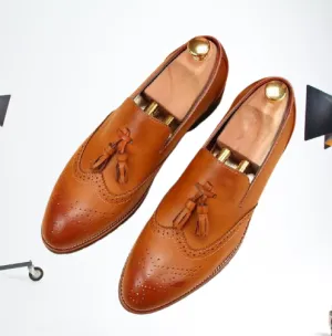 Handmade Wingtip Brogue Tassel Loafers in Tan Leather