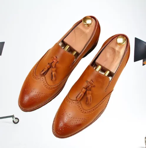Handmade Wingtip Brogue Tassel Loafers in Tan Leather