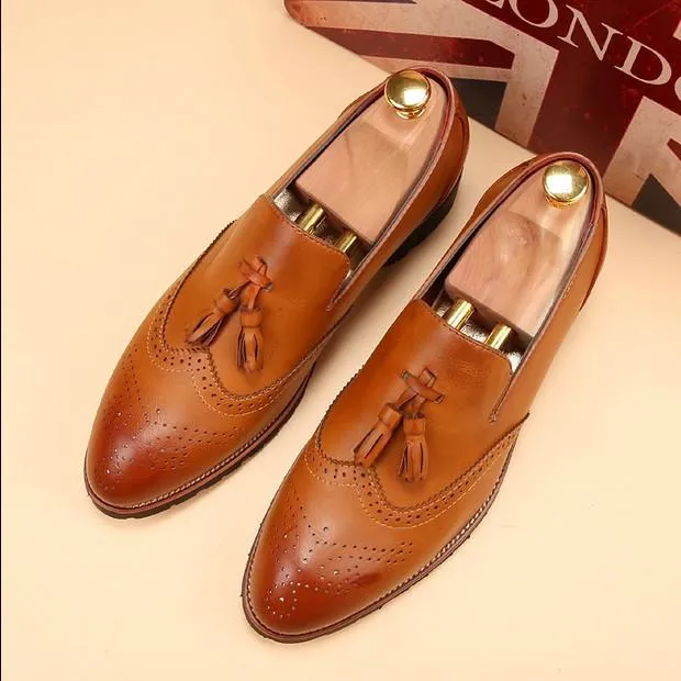 Handmade Wingtip Brogue Tassel Loafers in Tan Leather