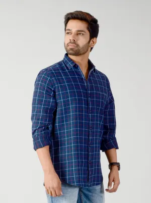 Indigo Blue & Red Checked Slim Fit Casual Shirt | JadeBlue