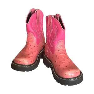 JUSTIN ROPER Kids Pink Leather Ostrich Chunky Boot