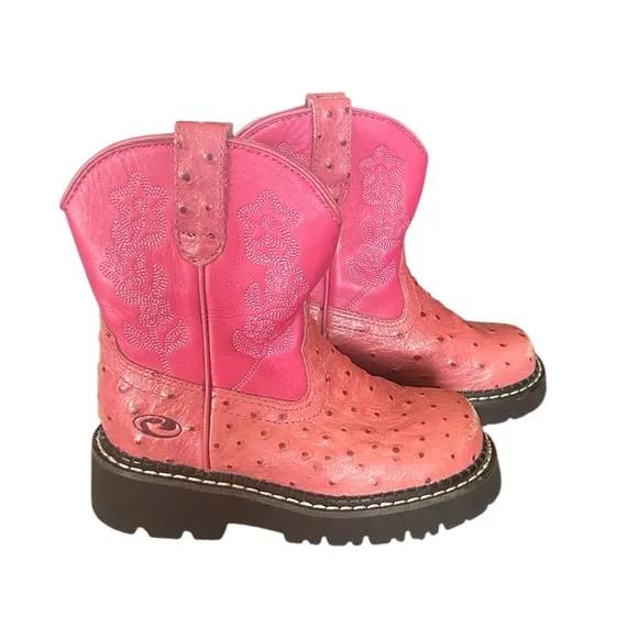 JUSTIN ROPER Kids Pink Leather Ostrich Chunky Boot