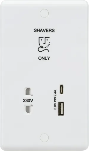 Knightsbridge CU8909 White Curved Edge 230V Shaver Socket with Dual USB A C (5V DC 2.4A Shared, Max. 12W)