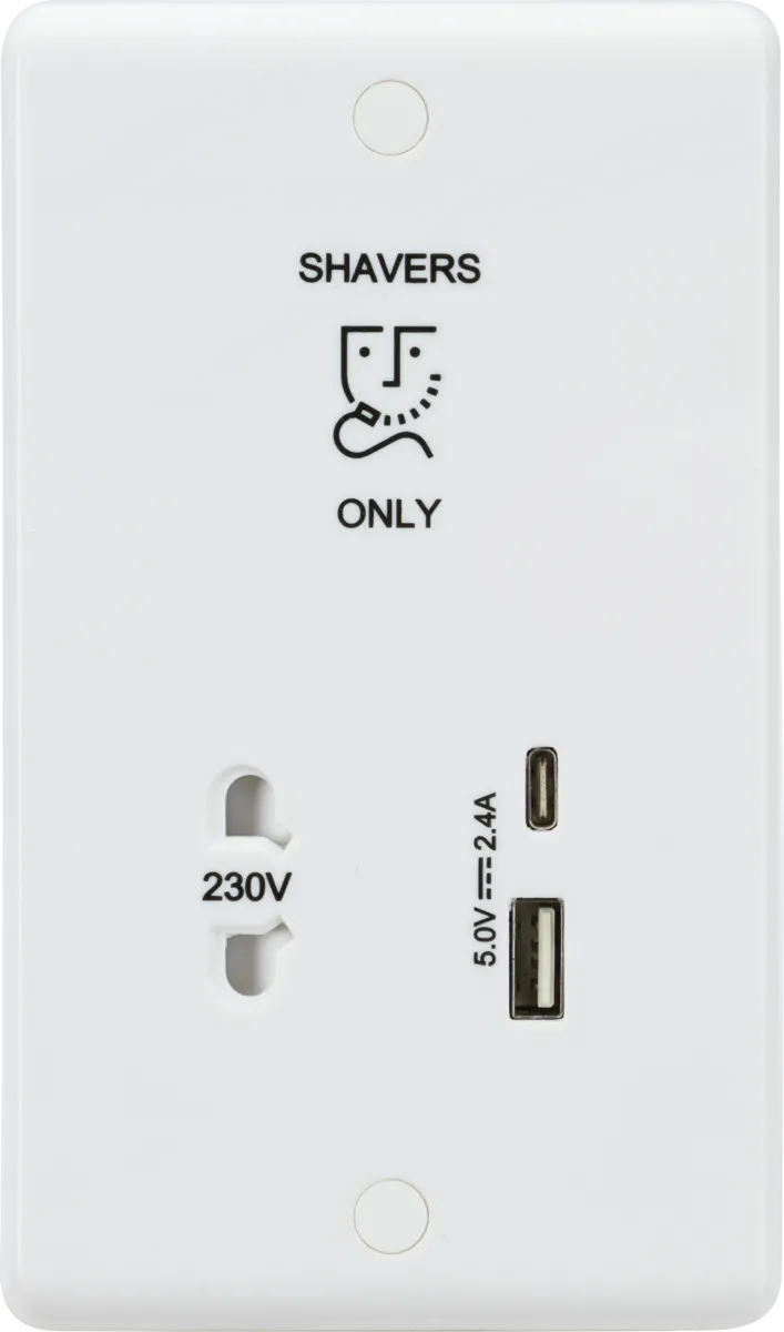 Knightsbridge CU8909 White Curved Edge 230V Shaver Socket with Dual USB A C (5V DC 2.4A Shared, Max. 12W)