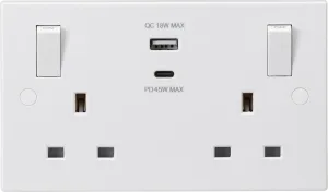 Knightsbridge SN9003 White Square 13A 2G Switched Socket   2xUSB A C QC18W / PD45W (Outboard Rockers)