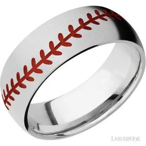 Lashbrook Mens 8mm Cobalt Wedding Band with Red Enamel Baseball Stitch Pattern