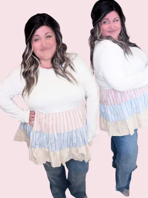 Maxine Long Sleeve Striped Bottom Tiered Babydoll