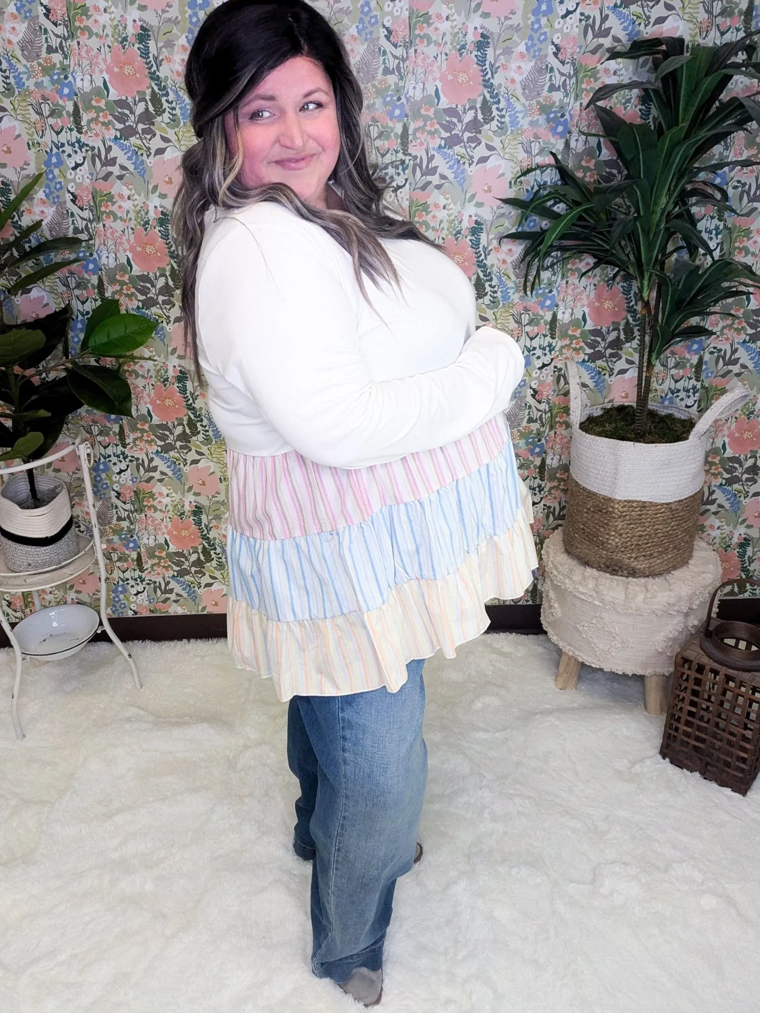 Maxine Long Sleeve Striped Bottom Tiered Babydoll