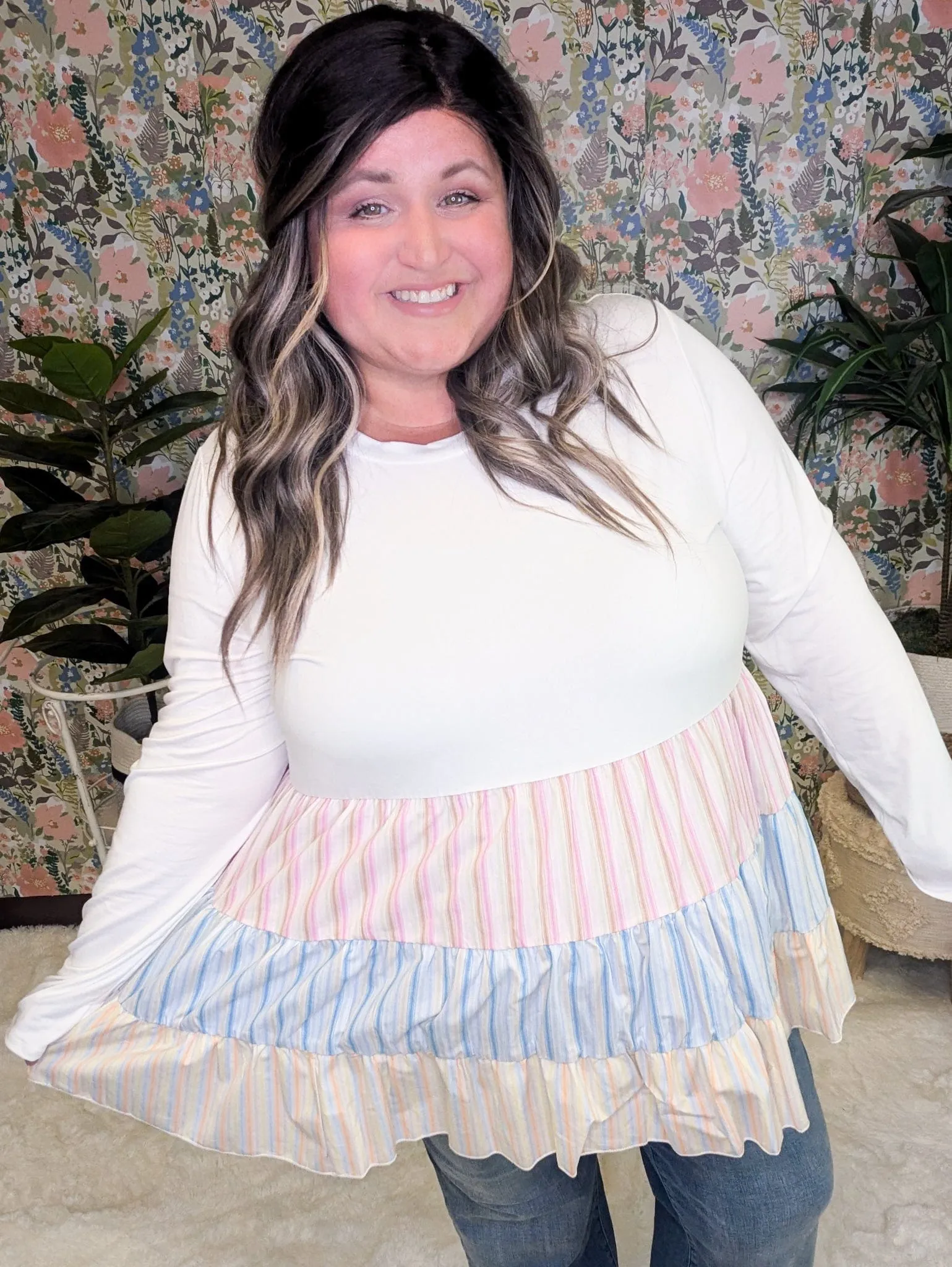 Maxine Long Sleeve Striped Bottom Tiered Babydoll