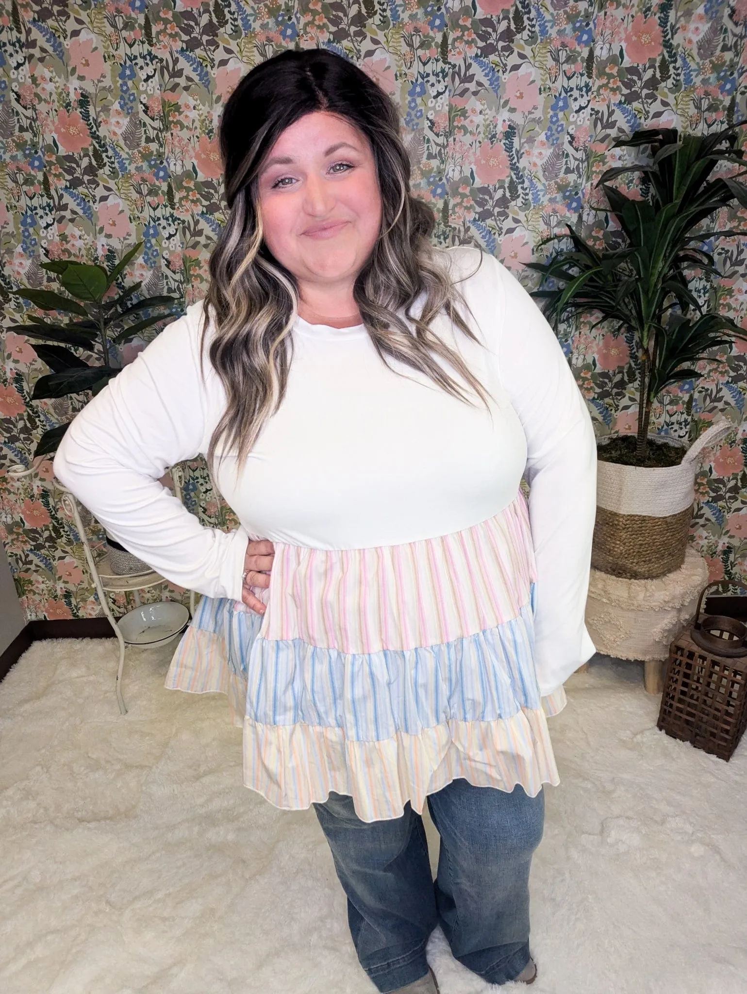 Maxine Long Sleeve Striped Bottom Tiered Babydoll