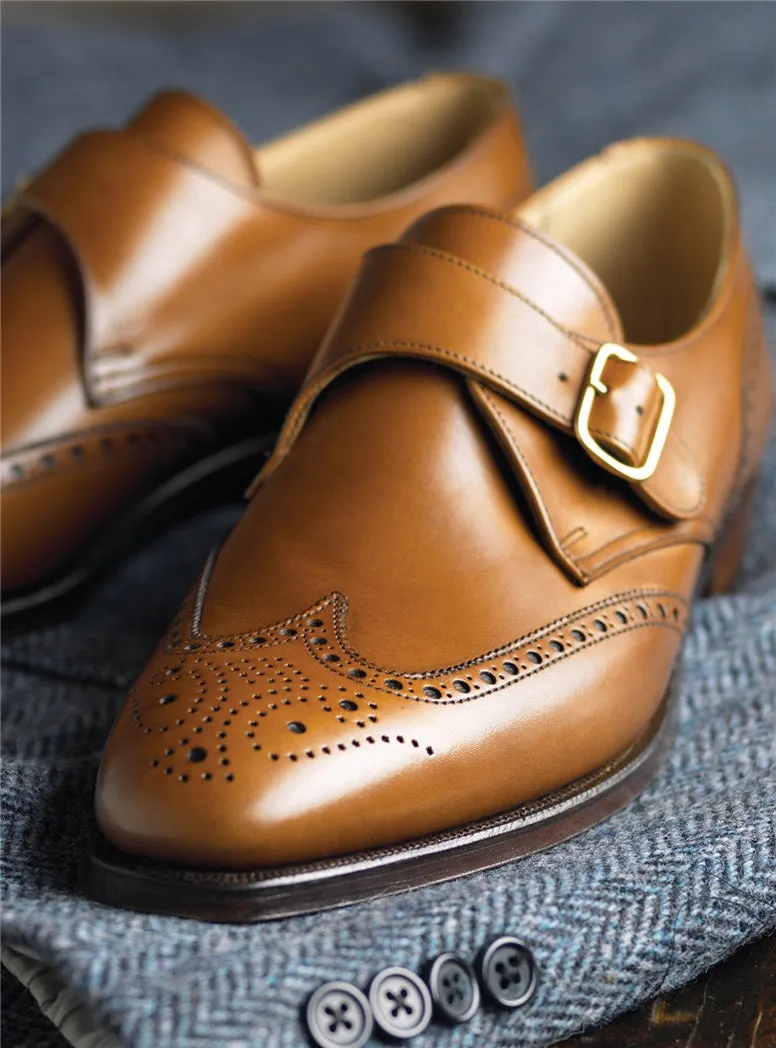 Men tan wing tip brogue monk shoes, Men tan brown business dress shoes