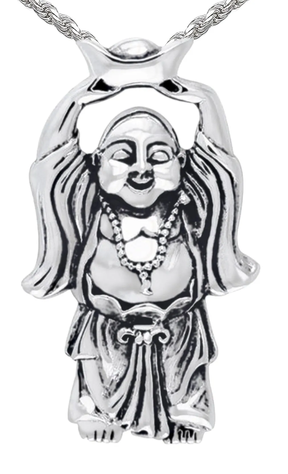 Men's 1 1/8in 925 Sterling Silver Happy Buddha Hotei Buddhism Pendant Necklace
