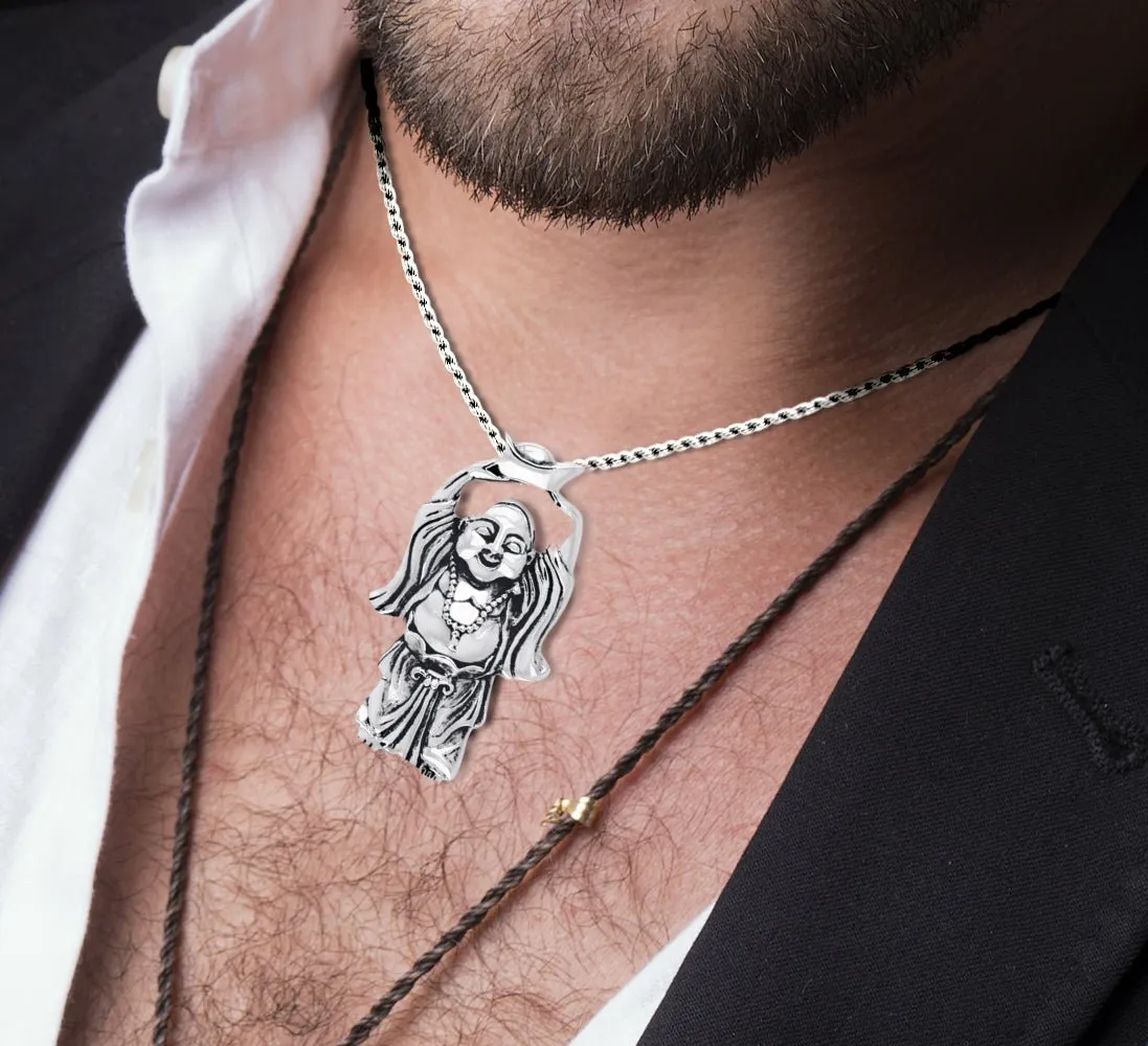 Men's 1 1/8in 925 Sterling Silver Happy Buddha Hotei Buddhism Pendant Necklace