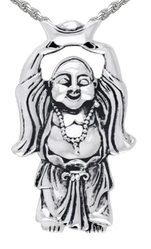 Men's 1 1/8in 925 Sterling Silver Happy Buddha Hotei Buddhism Pendant Necklace