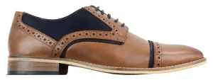 Mens Classic Navy Suede Oxford Brogue Derby Shoes in Tan Leather