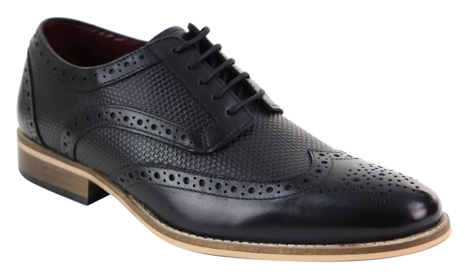 Mens Classic Oxford Brogue Shoes in Patterned Black Leather