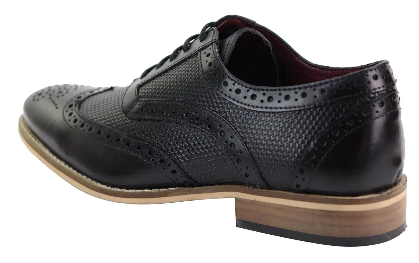 Mens Classic Oxford Brogue Shoes in Patterned Black Leather