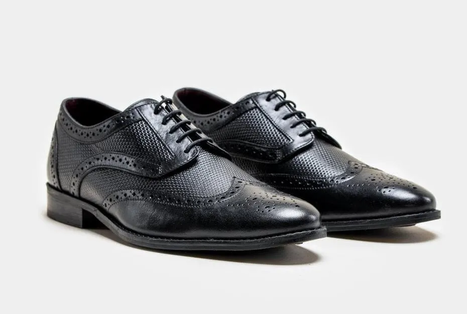 Mens Classic Oxford Brogue Shoes in Patterned Black Leather