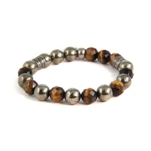 Mens Double Silver Barrel Bead Mens Bracelet on Brown Leather