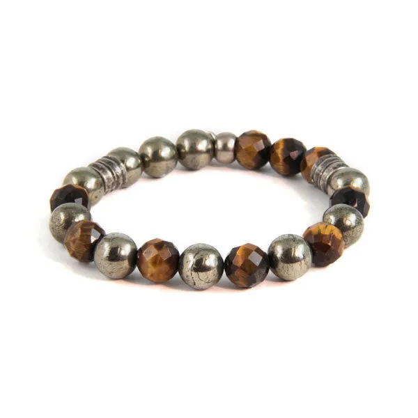 Mens Double Silver Barrel Bead Mens Bracelet on Brown Leather