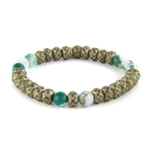 Mens Multi Faceted Metal Beads with Green Marble Accent Beads Stretch Bracelet