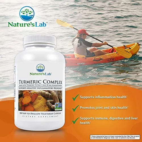 Nature's Lab Turmeric Complex - 180 Capsules (6 Month Supply) 400mg Tumeric Powder 50mg Turmeric Extract (C3 Complex) Standardized to 95% Potency. Promotes Cardiovascular, Immune, Joint &amp;Skin Health
