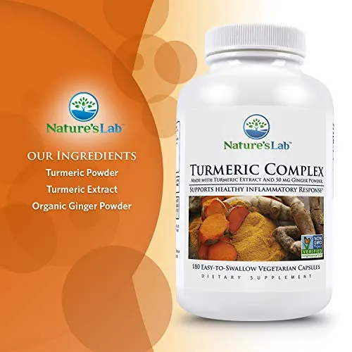 Nature's Lab Turmeric Complex - 180 Capsules (6 Month Supply) 400mg Tumeric Powder 50mg Turmeric Extract (C3 Complex) Standardized to 95% Potency. Promotes Cardiovascular, Immune, Joint &amp;Skin Health