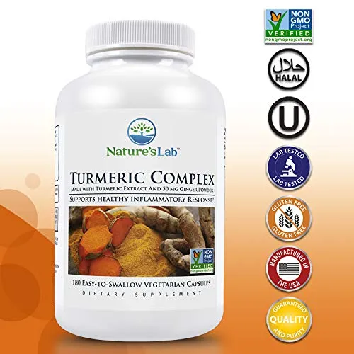 Nature's Lab Turmeric Complex - 180 Capsules (6 Month Supply) 400mg Tumeric Powder 50mg Turmeric Extract (C3 Complex) Standardized to 95% Potency. Promotes Cardiovascular, Immune, Joint &amp;Skin Health