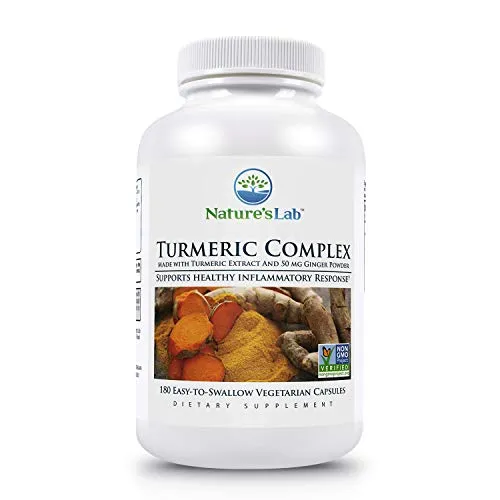 Nature's Lab Turmeric Complex - 180 Capsules (6 Month Supply) 400mg Tumeric Powder 50mg Turmeric Extract (C3 Complex) Standardized to 95% Potency. Promotes Cardiovascular, Immune, Joint &amp;Skin Health